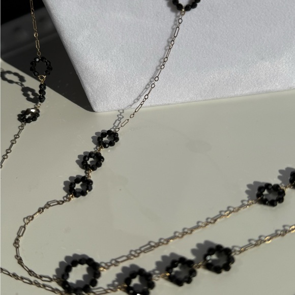 Gold Plated Necklace W/Black Crystal Circles Gold 14/20, 50”long,Verve NYC,Opera - Picture 4 of 11